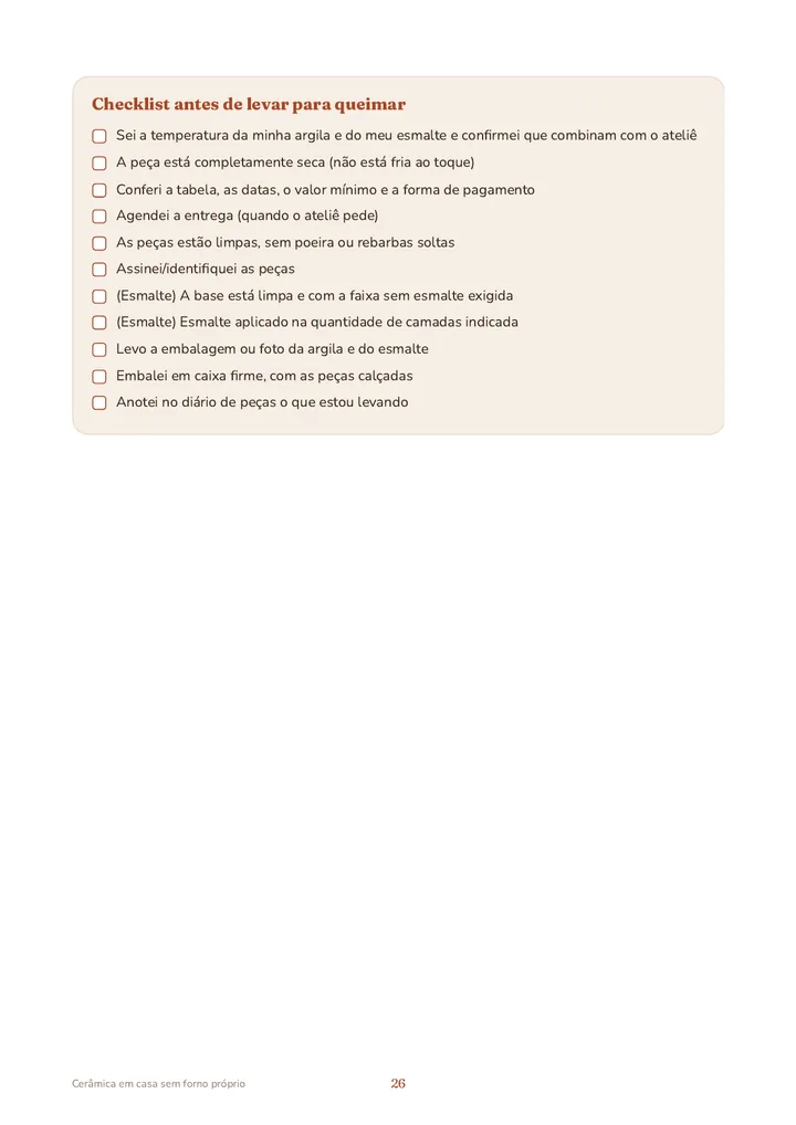 Página 26 do e-book: checklist antes de levar as peças para queimar